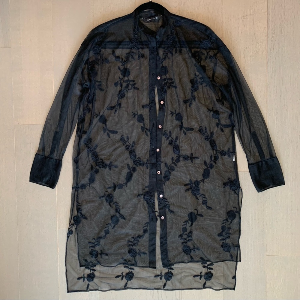 Zara Black Floral Mesh Duster Kimono Top